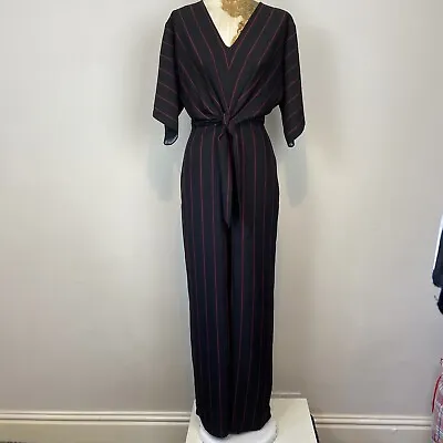 F&F Jumpsuit 6 Black Wide Leg Palazzo V Neck Striped Tie Front Occasion Evening • £1.99