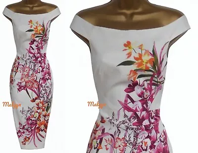 Karen Millen ~ Stunning Orchid Floral Bardot Pencil Wiggle Dress ~ Uk 12 • £79.99