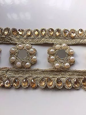 INDIAN GOLD CUTWORK MIRRORS & PEARLS IN CIRCLE CRYSTALS BORDER LACE/TRIM-1 Metre • £6.50