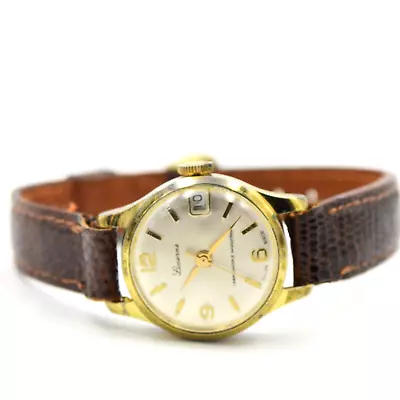 VINTAGE Lucerne Calendar GOLD TONE Swiss Made Watch Wrist Watch Lizard Band • $35