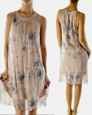 H TREND Made In Italy Dusty Rose/Blue Sleeveless Silk Dress Size M • $26