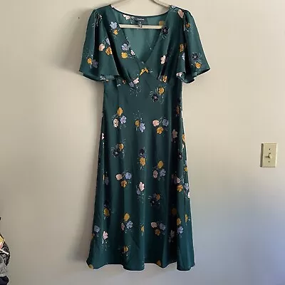 ModCloth Women M Green Floral V-Neck Flutter Sleeves Time To Flounce Midi Dress • $25.49