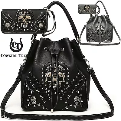 Sugar Skull Punk Handbag Studs Concealed Carry Purse Women Shoulder Bag Wallet • $102.46