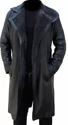 Mens Long Trench Coat Winter Black Leather With Shearling Jacket Men New Stylish • $159.99