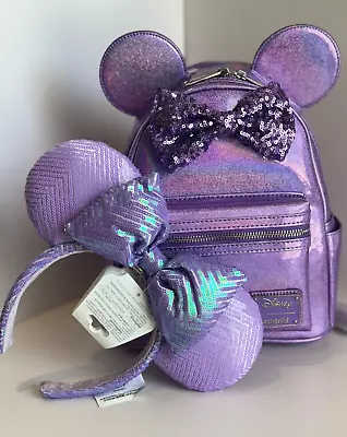 Loungefly Disney Parks PURPLE GLITTER SPARKLE Minnie Mouse Backpack + Sequin Ear • $129.99