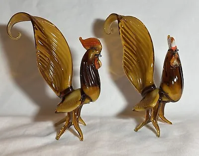 Vintage 1950s Murano Hand Blown Art Glass Rooster Figurines In Browns And Golds • $70