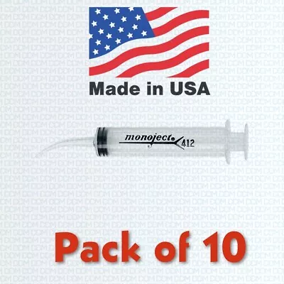 Kendall Monoject Dental Irrigation Syringes 12 CC Curved Tip #412 - Pack Of 10 • $15.50