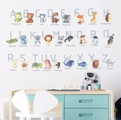 Cute Cartoon Animals Alphabet Learning Wall Stickers For Kids Room Nursery Decor • £11.99