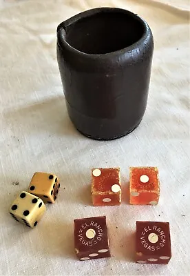 Vintage Brown Leather Stitched Dice Cup +Antique Dice EL RANCHO/SUNDANCE DICE • $29.99