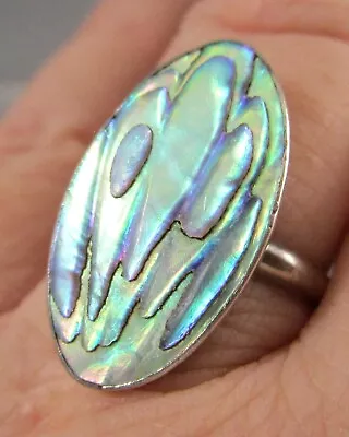 Sterling Silver Oval Natural Abalone Shell Ring Size 7.5 • $12.99