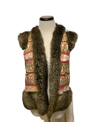 Judith March Womens Open Front Vest Size L Faux Fur Trim Western Embroidered • $22