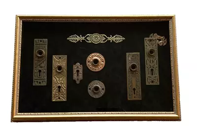 Framed ANTIQUE VINTAGE VICTORIAN EASTLAKE DOOR KNOB KEYHOLE LOCK BACK PLATES • $60