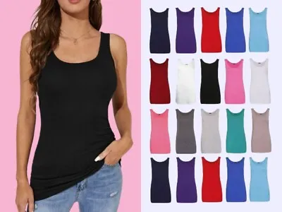 £5.84 • Buy Womens Scoop Neck Sleeveless Ladies Long Stretch Plain Vest Strappy T-shirt Top