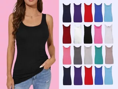 Womens Scoop Neck Sleeveless Ladies Long Stretch Plain Vest Strappy T-shirt Top • £3.99