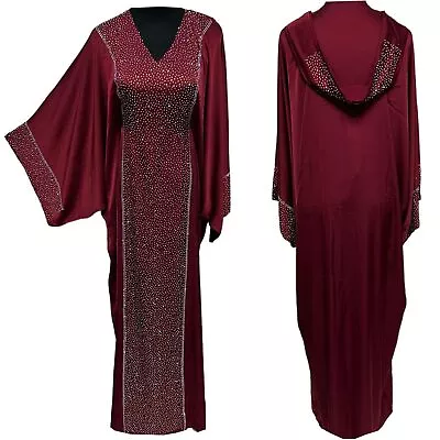 Luxury Satin Women Stone Work Abaya Jalabiya Arab Long Dress • £49.99