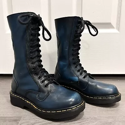 Rare Vintage 90s Dr. Martens Tall Boots Womens Size 8 Teal Blue Leather 9813 • $135