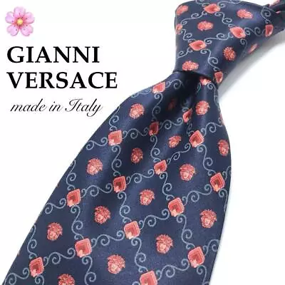 GIANNI VERSACE Rare Tie Navy Red Medusa Logo Pattern Silk Italy K012 • $51