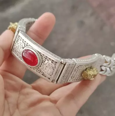 Fashion Miao Silver Gilded Gold Carved Lucky Beast Inlaid Ruby Bracelet • $16.92
