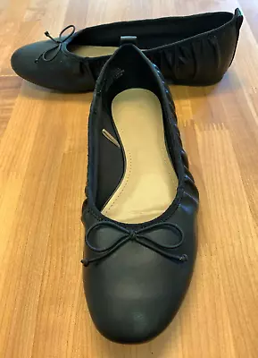 H&M Women's Shoes Flats Ballerina Leather Low Heel Elastic W Bow Black Size 7 • $9.95