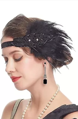 1920s Flapper Feather Headband Showgirl Headpiece Gatsby Style Black • $8