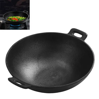 Large Heavy Duty Cast Iron Wok Karahi Balti Dish Frying Cooking Pan With Handles • £17.95
