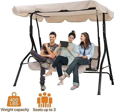 Outdoor Patio Swing Chair 3-Person Outdoor Swing With Canopy For Backyard Beige • $123.31
