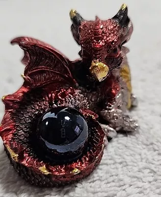 Small Miniature Dark Red Gold Accents Dragon Figurine With Sphere Polyresin  • $10.95