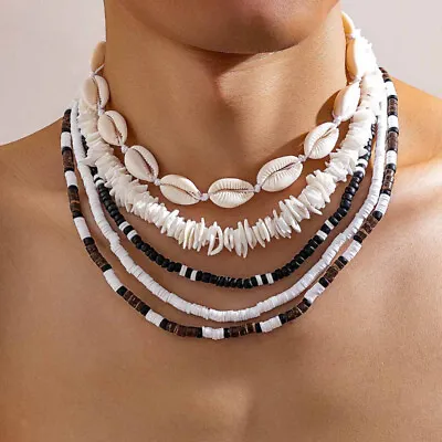 Layered Bohemian Style Seashell Wood Bead Soft Clay Necklace Set For Men • $14.39