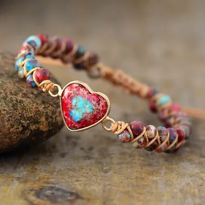 Handmade Braided Women Bracelet Heart Charm Sea Sediment Healing Bracelets Gift • $12.80