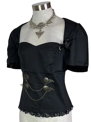 Spin Doctor Hell Bunny Gothic Steampunk Goth Edwardian Vampire Black Blouse Top • £36.64