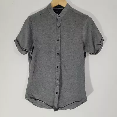 Mens ZARA Shirt Grey Small Grandad Collar Slim Fit Short Sleeved Cotton Casual  • £13.30