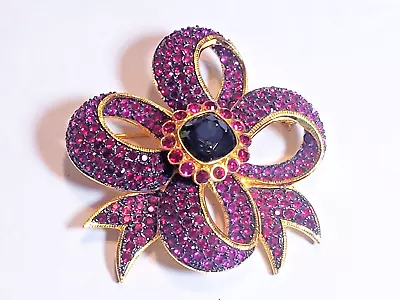 Joan Rivers Gold Plated Red And Pink Crystal Statement Bow Brooch • $10.50