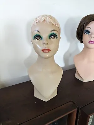 Vintage 1960s Korean   Twiggy  Wood Mannequin Head/ Wig Stand Hand  Painted • $350