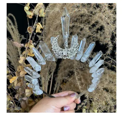 Crescent Moon Natural Crystal Wedding Headpiece Elven Gothic Crown Elf Headband • $41.96