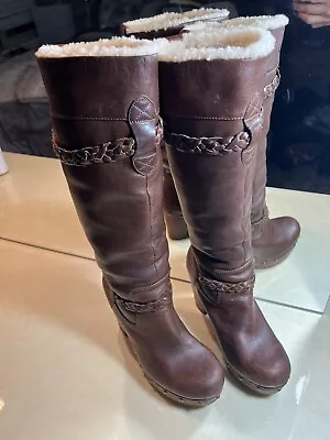 UGG Brown Leather & Sheepskin Tall Wood Clog Heel Boots Size 7 • $89.99