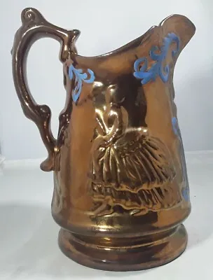 £10 • Buy Victorian Antique Staffordshire Copper Lustre Enamelled Pottery Lady Jug C.1850