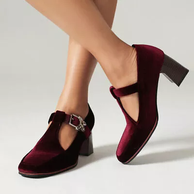 Womens Fashion Round Toe Faux Suede T Strap Butterfly Block Heel Mary Jane Shoes • $49.28