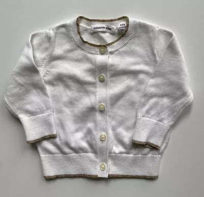 Country Road Baby Girl Size 0-3 Months White Knitted Cardigan Gold Trim VGUC • $9.77