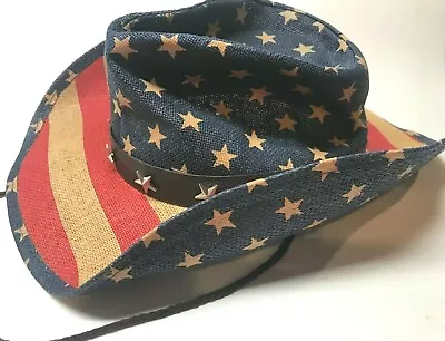 Vintage? Tea Stained American Flag Stars & Stripes Cowboy Western Hat W/ String • $18