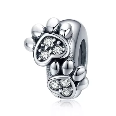 💖 Paw Prints Charm Stopper Spacer Genuine 925 Sterling Silver Cat Dog Memorial  • £15.99