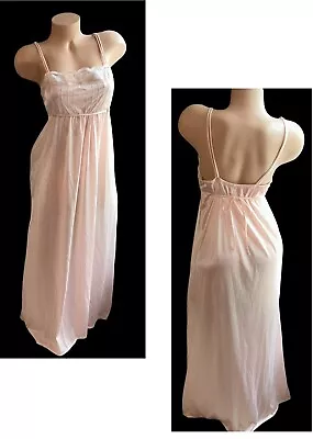 Avian Vintage Pink/Peach  Silky Shiny Sheer Lace Trim Nylon Long Tie Nightgown M • $26