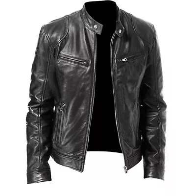 Mens Retro Leather Jacket Motorcycle Stand Collar Biker Coat Zip Up Outwear Tops • $30.70