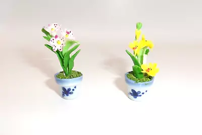 Dollhouse Miniature Potted Flowering Plants In Blue & White Ceramic Pots X2 1:12 • $9.99