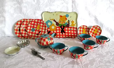 Vintage Tin Litho HUMPTY DUMPTY 12 Piece Tea Set - Ohio Tin Art • $45