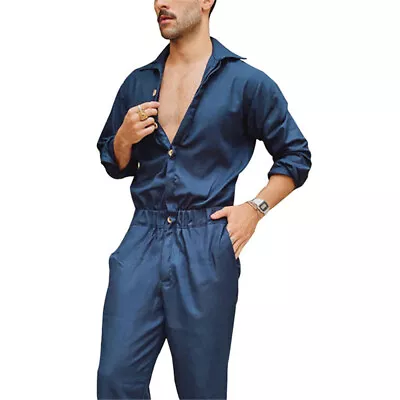 Mens Solid Color Romper Short Sleeve Playsuit Work Jumpsuit Fashion Long Pants • $44.16