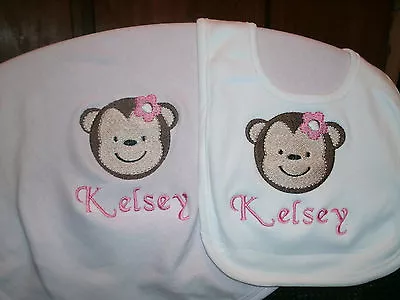 Jungle Jill Girl Monkey Safari Personalized Baby Infant Blanket & Bib Set • $20