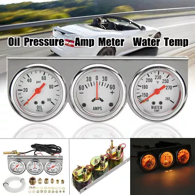 2  52mm Oil Pressure Amp Meter Water Temp Triple Gauge 3 In 1 Set Chrome Panel • $39.99