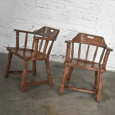 Vintage Ranch Oak Captains Armchairs By A. Brandt Acorn Brown Finish A Pair • $1495