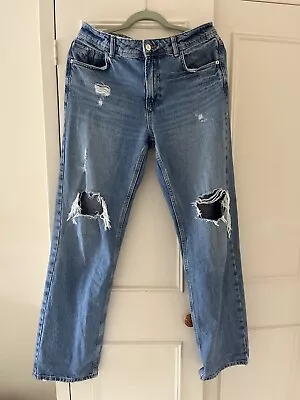 Zara Z1975 Ripped Mid Rise Straight Jeans Indigojeans Size28 Uk10 Eur38 • £18