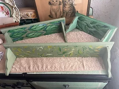 Set Three Wooden Wall Shelves Hand Painted Green Vines Country Shabby Art • $14.98